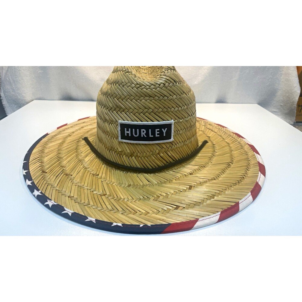 Hurley Men’s Straw Hat Wide Brim Chin Strap American Flag USA One Size